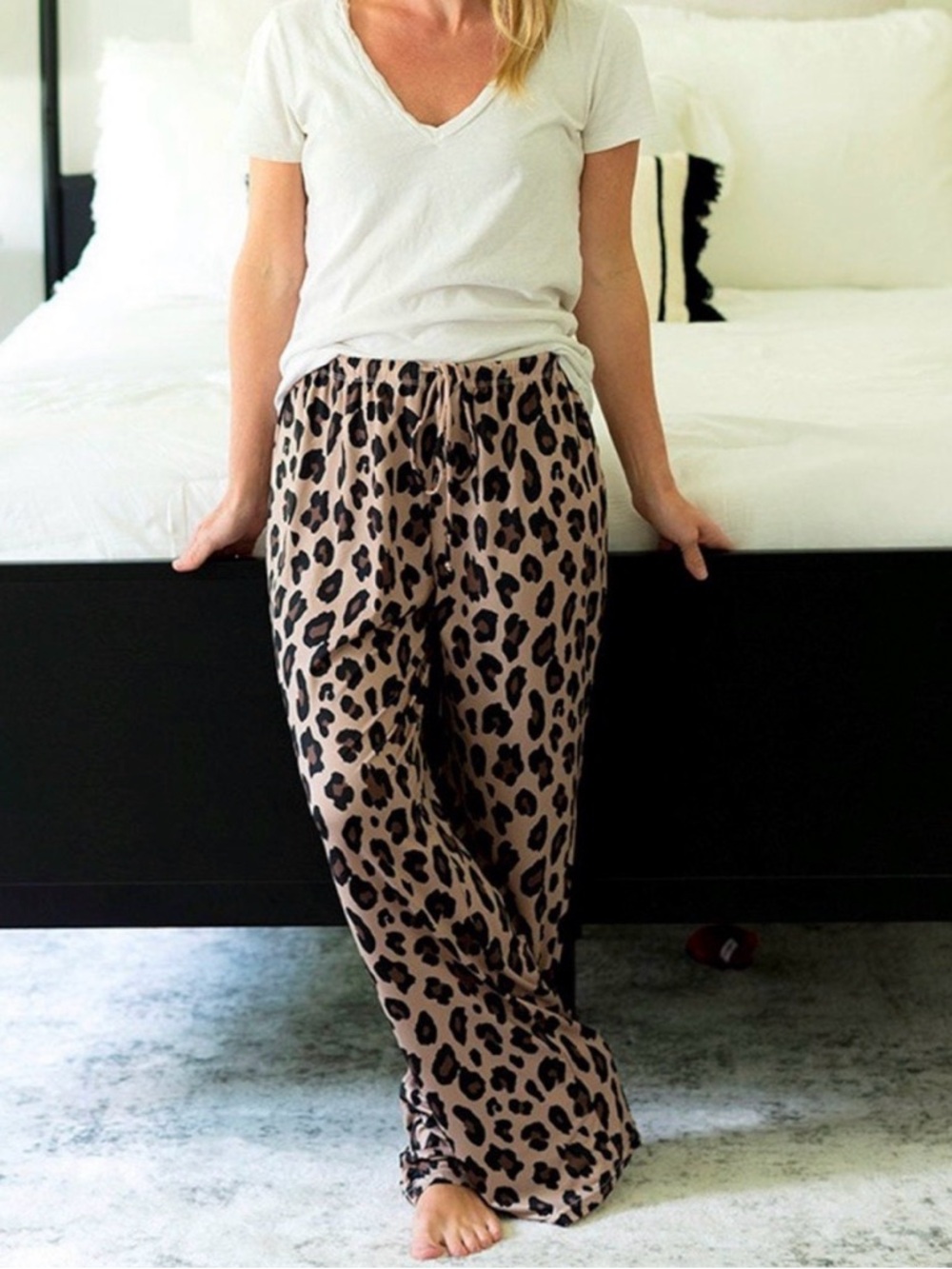 Leopard Print Wide Leg Lounge Pants - Taupe & Black